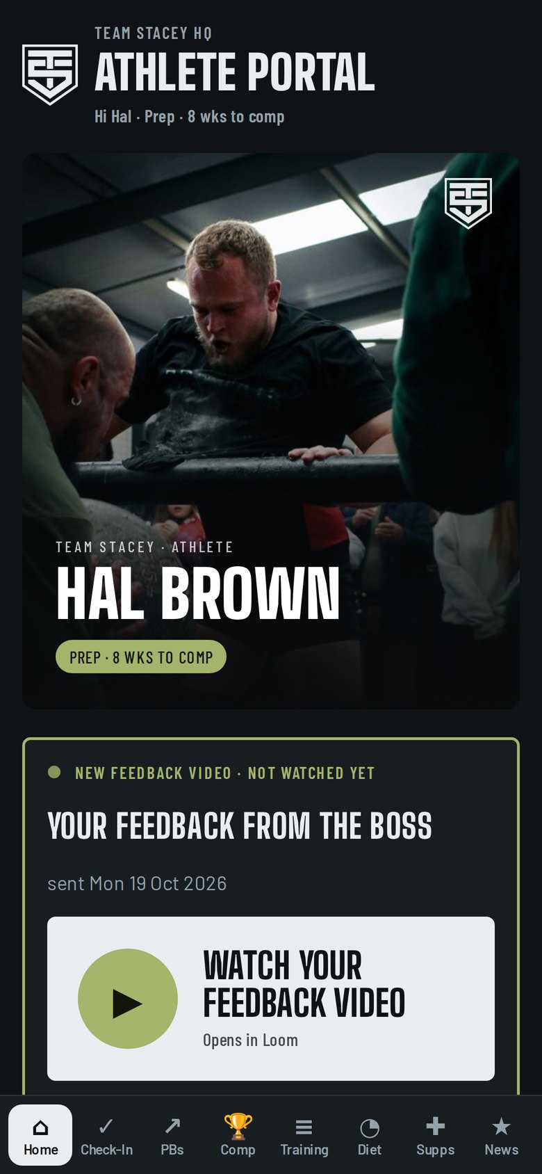 Team Stacey HQ home screen for athlete Hal Brown