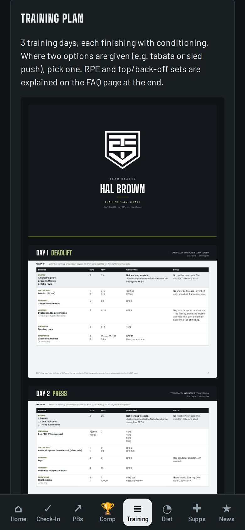Training plan screen